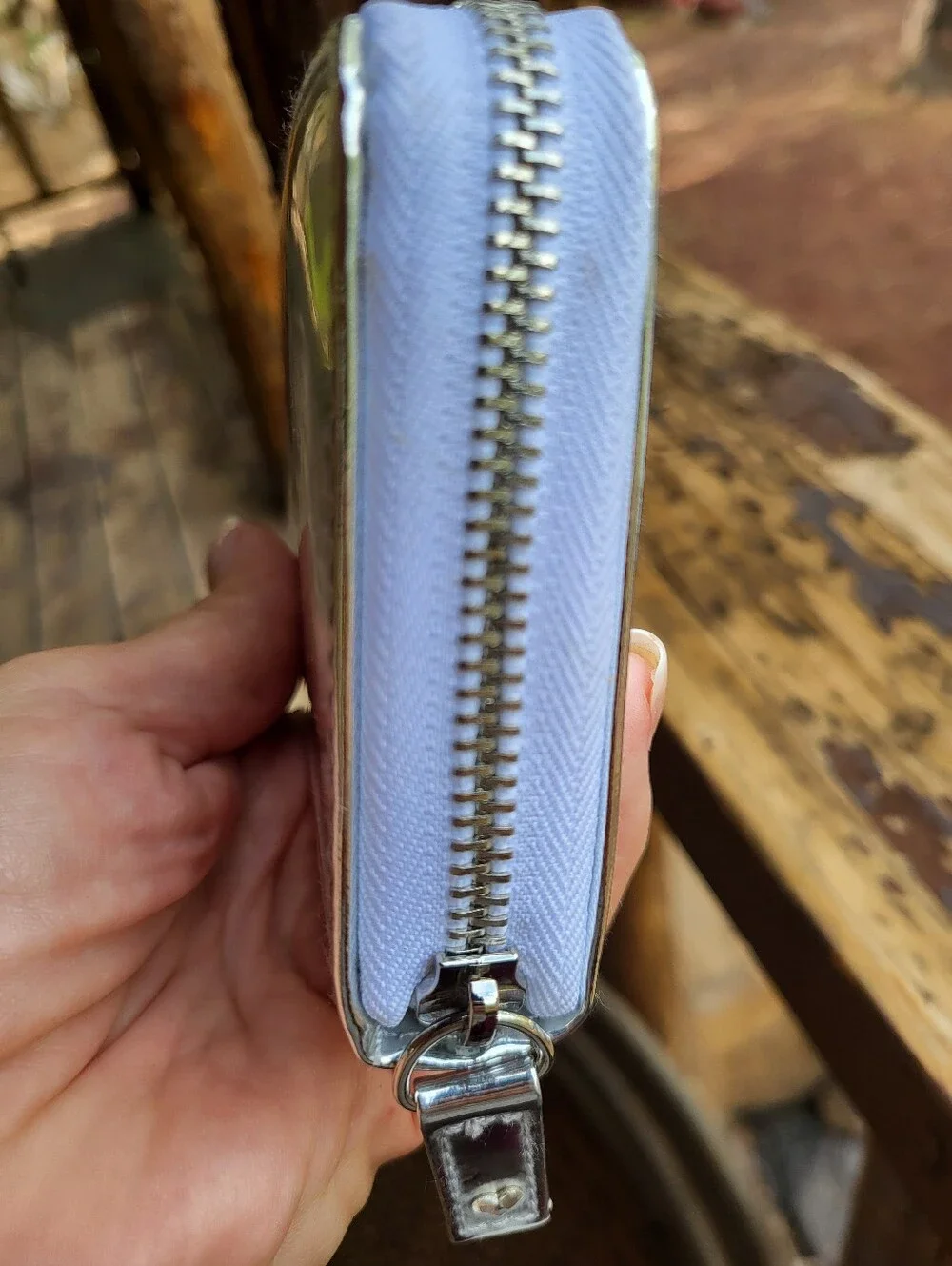 Swarovski Silver Metallic Mirror Finish, Crystals Embellished Zip Around Wallet.